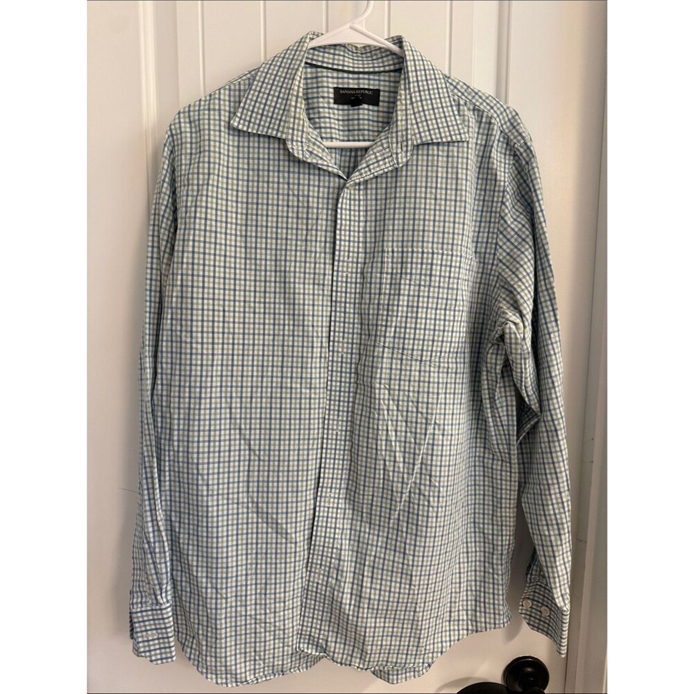 Banana Republic Men Large 16-16.5 34-35 Slim Fit Plaid Dress Shirt Long Sleeve